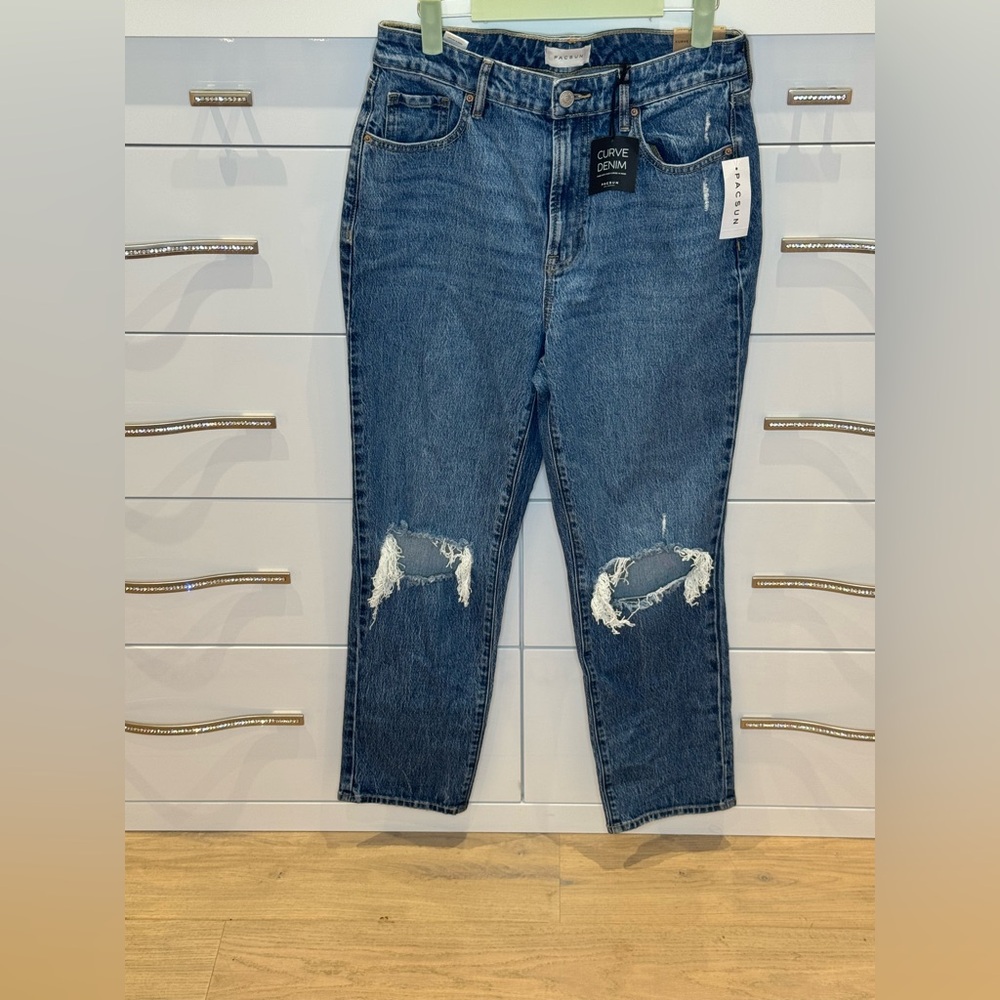 PacSun Blue Straight Leg Jeans with Distressed Details